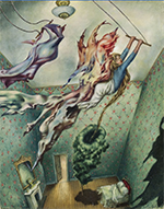 Dorothea Tanning's surrealist painting Avatar, an illustration of fairy-like women swinging on a trapeze inside a small room






































