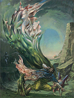 Dorothea Tanning's surrealist painting The Temptation of Saint Anthony, a depiction of Saint Anthony being tempted by female figures beneath a large, wave-like structure