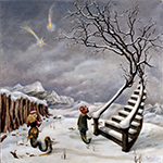 Dorothea Tanning's surrealist painting The Truth About Comets, depicting two figures with snake-like lower halves on a snowy field