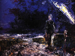 an abstract dark and somber painting of a solitary figure standing on a beach with the light from a lighhouse streaking diagonally across the top right