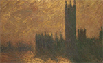 a two-tone painting of a castle-like structure to the right side in all black with a tall tower and wall surrounding it near a body of water. the water and sky are golds and ambers.