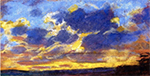 a painting of a bright, cloudy sky and dark horizon at sunset. the sky is blue and gradually shifts to golds where the sky meets the horizon.