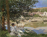 a painting of a man sitting in the shade beneath a tree at the bank of a calm river on the left side of the scene. he is looking across the river to see a distant town, and there is a small row boat in the water at the bottom of the image.