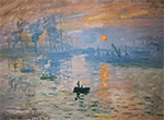 a painting of a figure in a small boat in a large body of water at sunrise with a bright orange sun slightly above the horizon which is streaking the waters with oranges. there appears to be blurred industrialized buildings where the water meets land in the distance.