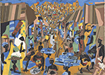 a painting of a busy, outdoor Nigerian market filled with people shopping and vendors selling.The buildings are neutral colors withthe people and goods filling the canvas with bright colors of greens, yellows, and blues. People in the foreground are large, and the road gets farther away and the characters get very small to the back showing distance.