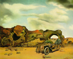 a painting of a desert scape with blue sky and clouds in the top half and tan and red rocks on the bottom half. there is an abandoned old car in the bottom right overgrown with moss and plants.