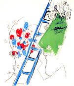 abstract image of blue ladder next to sketch of female face with green skin