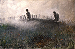 a painting of two soldiers walking in a field with wildflowers next to an old fence of posts and wire. it is foggy and either daybreak or dusk. they appear exhausted.