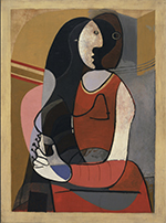 an abstract painting of lines and shapes depicting a woman with her hands clasped on her lap. The framing and outside edges are golds, browns, and tans. The woman is in a red dress with many different colored faces from white to brown to black.