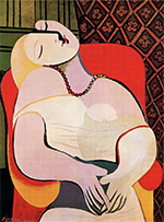 an abstract painting of a woman in a red chair from the waist up. her head is tilted dramatically to the left, and her eyes are closed, and she has a slight smile. Her hands are clasped in front of her stomach, and she is wearing an off-the-shoulder dress with a beaded necklace. The background is a red and black wallpaper.