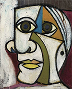 an abstract, cubist painting of an androgynous white face with brown eyes and yellow lips