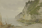 painting of cliffside next to ocean, with neary, marooned ship on beach