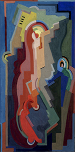 an abstract painting of many lines and shapes with bright colors of reds, oranges, and yellows in the middle and shifting to darker colors of blues and greens around the edges