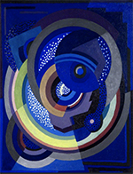 an abstract painting of overlapping circles and shapes of blues and greys with some brighter colors in the bottom left which gives the illusion of light and shadows