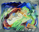 an abstract painting of shapes and lines bright colors suggesting a city and roads with a gray border and dark blue mountains distanced at the top along with clouds