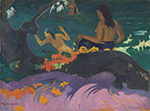 A painting of a large tree and foliage in the foreground and an ocean scape in the back. There is a nude figure diving into the waves, and there is a woman disrobing as well.