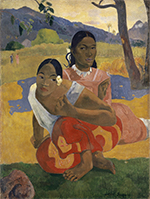 A painting of two young women sitting in a field together. There is a tree to the right of them with a large shadow on the ground. The woman in the foreground is leaning forward with a hand to her chest, and she is wearing a bright red and orange skirt and a white flower behind her ear. The woman behind her has a pink dress and is pointing to the right. There are mountains and grasses in the background and two figures wearing wide-brimmed hats standing in the distance.