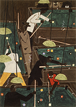 a painting of a dark pool hall with four pool tables and several figures either playing or watching the match. the abstract figures are wearing suits and are concentrating. there are hanging light fixtures. 