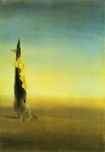 A painting of a deserted, vast scape with a solitary tree to the left. It is tall and thin with a piece of cloth draped on it as if the wind is holding it up. There is a hole at the base of the tree with water pouring out.