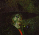A man's face obscured by darkness. He is wearing a black, wide-brimmed hat and smoking a pipe. His eye stares at the viewer