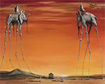 Two elephants with elongated legs rise high into a reddish-orangish sky