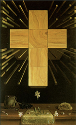 A large wooden cross hovering above a table that has a brown cloth and flowers on it. Surrounding the cross are rays of light coming from the dark background.