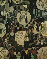 An abstract, dimly lit night scene viewed from directly above. Carousers talk and caress one another. Drinks and wine bottles appear in hands and on circular tables scattered throughout the room.
