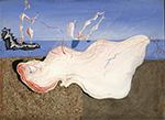 image of distended, gargantuan toe on the beach surmounted by distended, flesh-colored, vaguely female figures against a blue ocean and sky