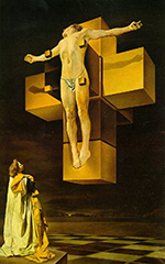 A man being held upon a large cross by nothing, he levitates in front of it. A person in long robes stands looking up at Him