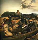 Two humanoid torsos emerging from the ground dig into one another with ktichen utensils as if ready to consume each other.