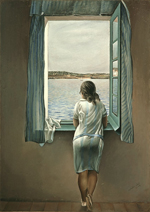A woman in a white dress facing away from the viewer looking out of a window onto a lake where a small sailboat is