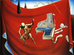 two figures on a red cloth. One plays the cello and th other the piano.