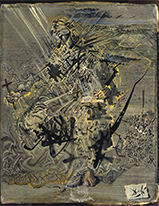 Abstract figure of a saint holding a cross in his right hand while rays of light shine down on him from the uppermost left corner