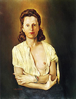 A woman with brown hair sits with one breast exposed in a white button up shirt