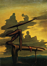 A large, oddly-shapen figure in dark brown in the foreground. In the background there are black shapes in the human form almost like clouds, on a yellow sky