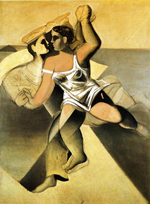 a man and a woman dance. The woman wears a short white dress and the man a sailor suit. light brown and yellow hues