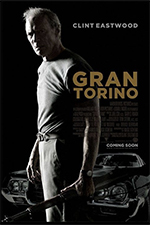 Gran Torino theater poster of Clint Eastwood's character, Walt, standing in front of his car with rifle in his hand.