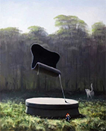 A chair standing on one leg on a pedestal in a garden. Dark shadows and bright highlights