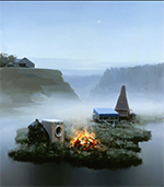 A fire beside a building on an island that appears to float in the fog. In the background are several cliffs and clouds