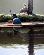 In the foreground is an expanse of water. In the background, a machine sitting on the shore and a woman seated leaning against a tree facing awya into the distance. Gentle green and light brown and black tones