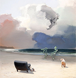 A pig stands on the beach. A black chair sits in the foreground. Two green figures dance before the waves, which are dark blue. The sky has blue, pink and white clouds