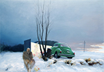 A wall with a green VW bug parked behind it. Sitting at the end of the wall is a figure wrapped in a blanket. There is snow on the ground. Dark, overcast sky