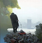 A figure wearing black dragging a lawn mower over a pile of trash parts along a cliff. Light colors in the background