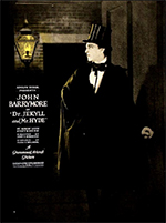 One poster for 1920 Dr Jekyll and Mr Hyde film, with Dr. Jekyll dressed in suit and top hat, standing in alleyway at night