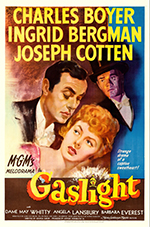 One poster for 1944 film Gaslight, painted closeup of Paula, Gregory, and Brian with yellow lettering of actors' names