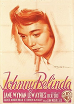 monochromatic one poster of 1948 film Johnny Belinda, a closeup of Belinda's face, looking downwards with slight smile