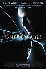 One poster for 2000 film Unbreakable, closeups of David and Elijah, their heads divided by a crack in the glass between viewer and the characters