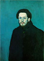 Picasso wears a black portmanteau, and has a long moustache.  His pale skin provides a stark contrrast with hisi clothing, and the green background behind him.