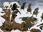 soldiers in wintery landscape climbing out of trenches and pushing forward with rifles in hand