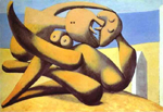 abstract rendering of two nude figures, one male and one female, kissing and intertwining their enlongated bodies